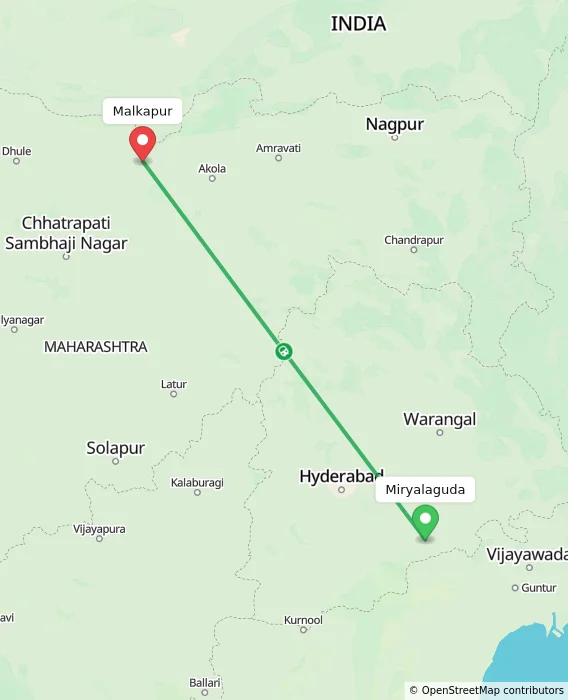 Route map showing distance and travel time from Miryalaguda, India to Malkapur, India