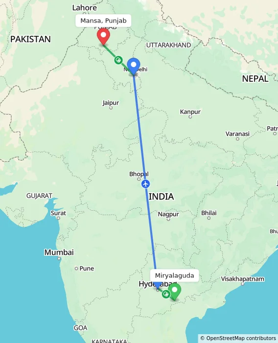 Route map showing distance and travel time from Miryalaguda, India to Mansa, Punjab, India