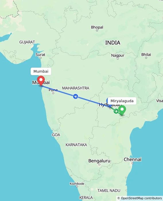 Route map showing distance and travel time from Miryalaguda, India to Mumbai, India