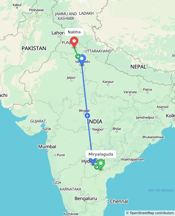 Route map showing distance and travel time from Miryalaguda, India to Nabha, India