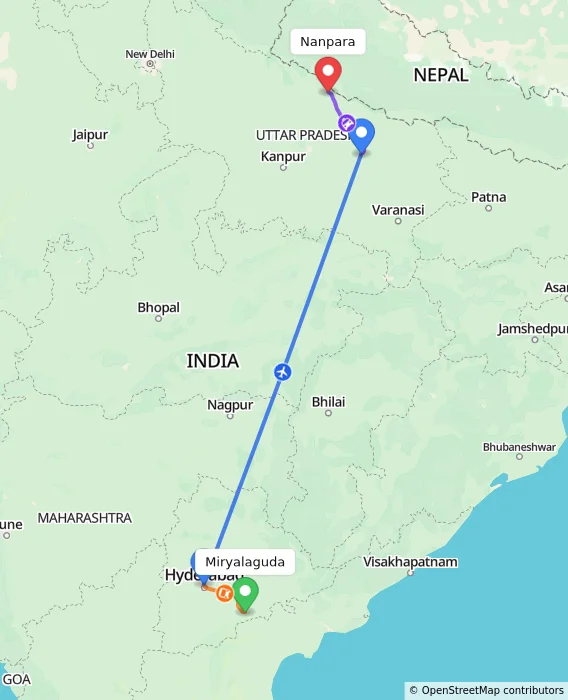 Route map showing distance and travel time from Miryalaguda, India to Nanpara, India