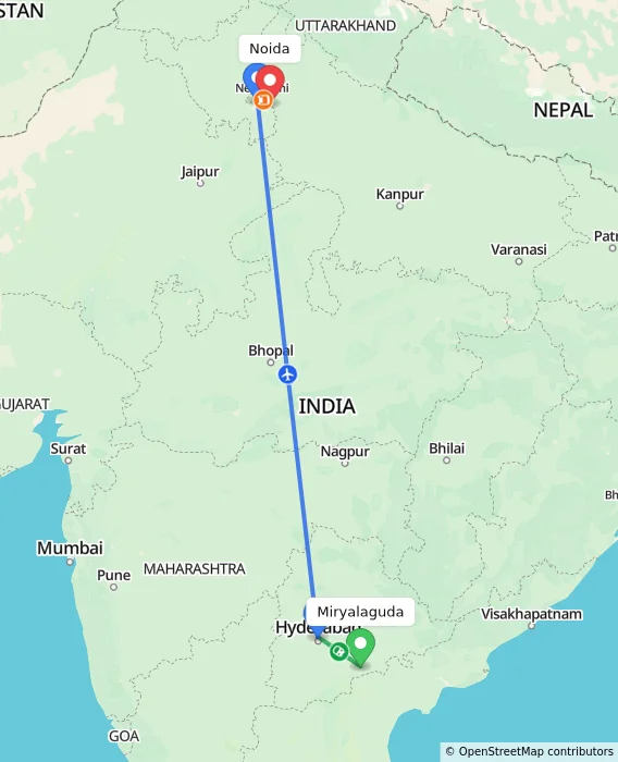 Route map showing distance and travel time from Miryalaguda, India to Noida, India