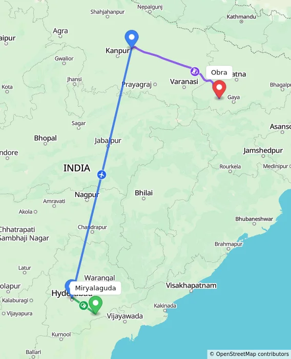 Route map showing distance and travel time from Miryalaguda, India to Obra, India