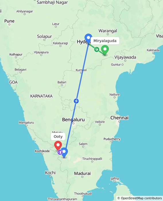 Route map showing distance and travel time from Miryalaguda, India to Ooty, India