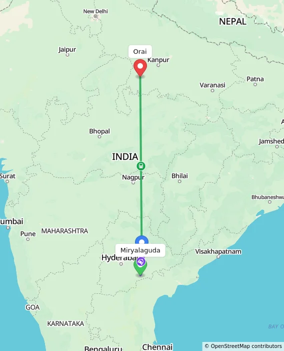Route map showing distance and travel time from Miryalaguda, India to Orai, India
