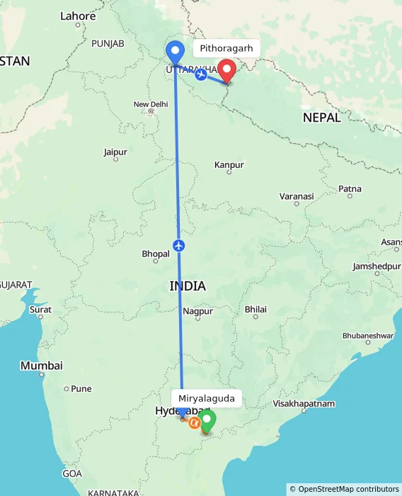 Route map showing distance and travel time from Miryalaguda, India to Pithoragarh, India