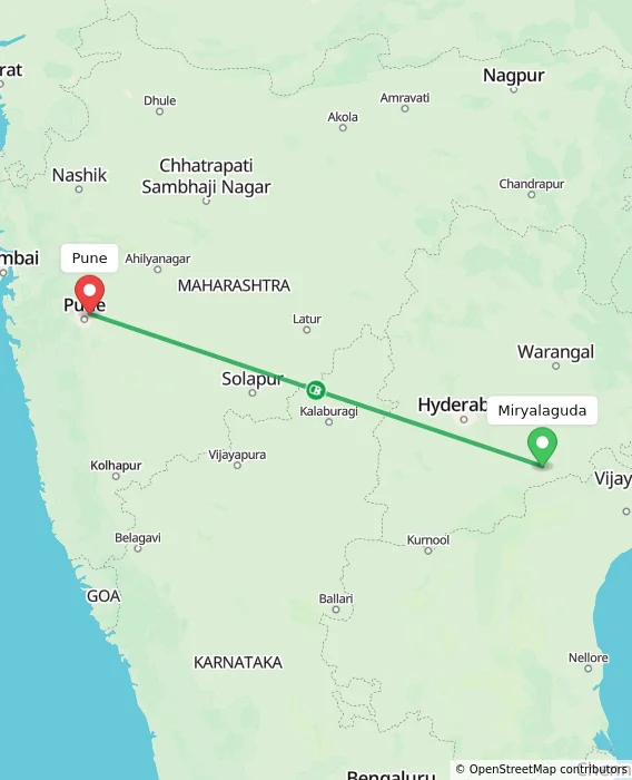 Route map showing distance and travel time from Miryalaguda, India to Pune, India