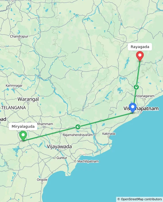 Route map showing distance and travel time from Miryalaguda, India to Rayagada, India
