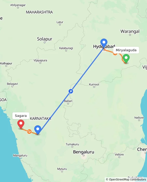 Route map showing distance and travel time from Miryalaguda, India to Sagara, India