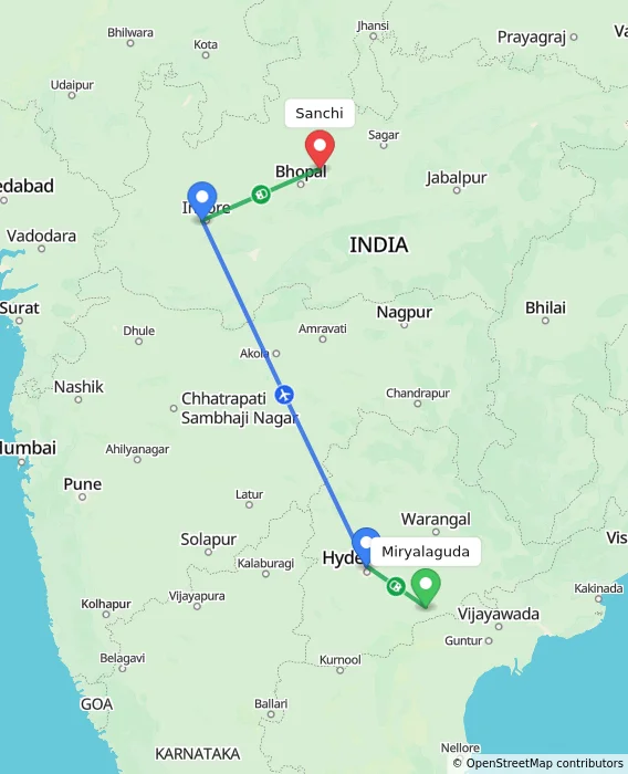 Route map showing distance and travel time from Miryalaguda, India to Sanchi, India