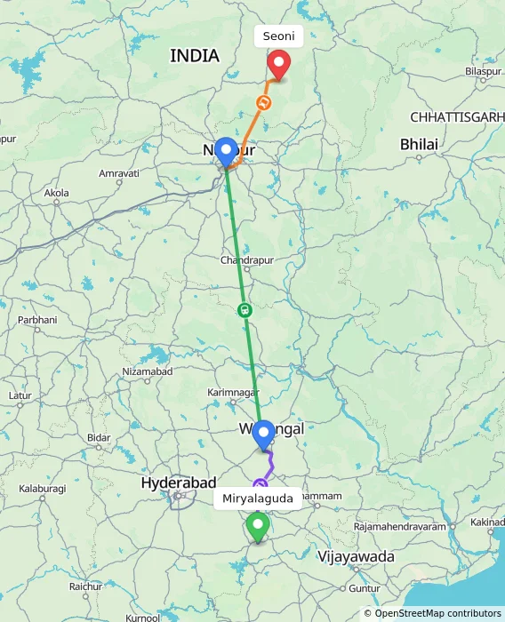 Route map showing distance and travel time from Miryalaguda, India to Seoni, India