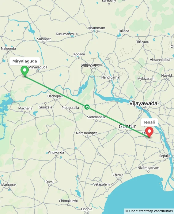 Route map showing distance and travel time from Miryalaguda, India to Tenali, India