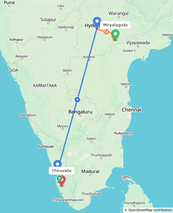 Route map showing distance and travel time from Miryalaguda, India to Thiruvalla, India