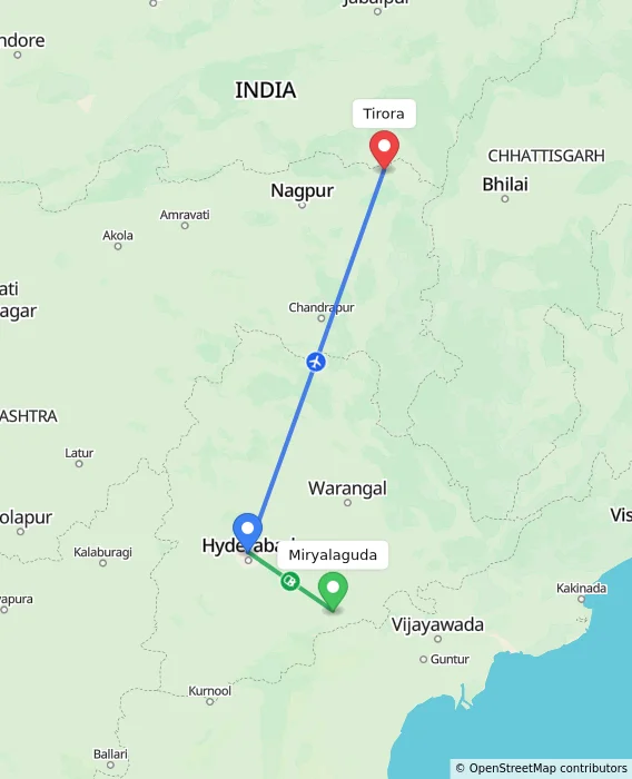 Route map showing distance and travel time from Miryalaguda, India to Tirora, India