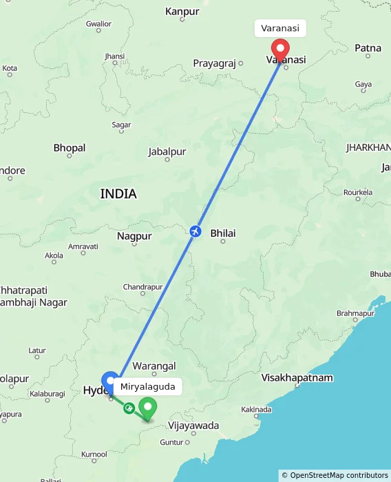 Route map showing distance and travel time from Miryalaguda, India to Varanasi, India