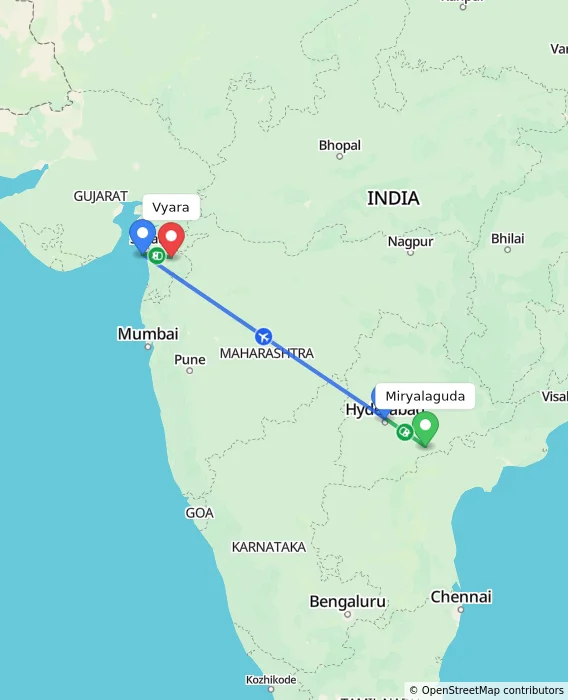 Route map showing distance and travel time from Miryalaguda, India to Vyara, India