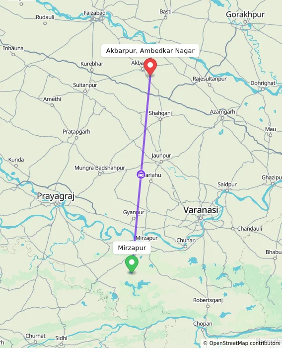 Route map showing distance and travel time from Mirzapur, India to Akbarpur, Ambedkar Nagar, India