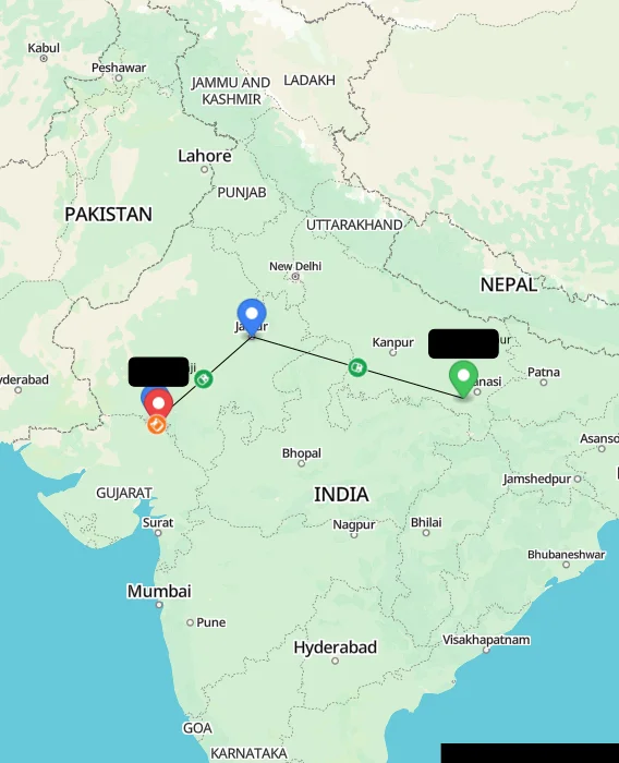 Route map showing distance and travel time from Mirzapur, India to Ambaji, India