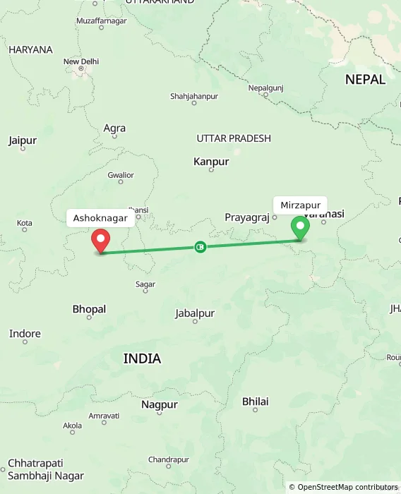 Route map showing distance and travel time from Mirzapur, India to Ashoknagar, India