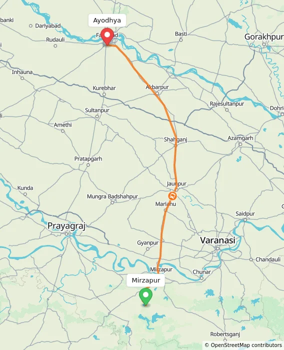 Route map showing distance and travel time from Mirzapur, India to Ayodhya, India