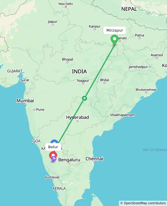 Route map showing distance and travel time from Mirzapur, India to Belur, India