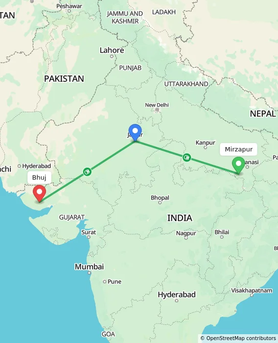 Route map showing distance and travel time from Mirzapur, India to Bhuj, India