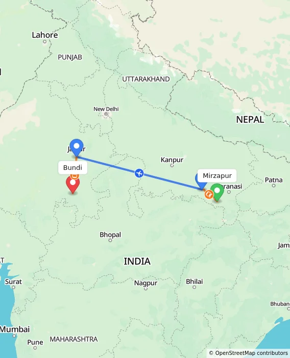 Route map showing distance and travel time from Mirzapur, India to Bundi, India
