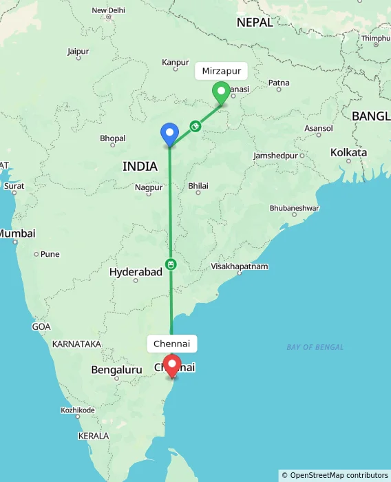 Route map showing distance and travel time from Mirzapur, India to Chennai, India