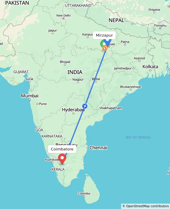 Route map showing distance and travel time from Mirzapur, India to Coimbatore, India
