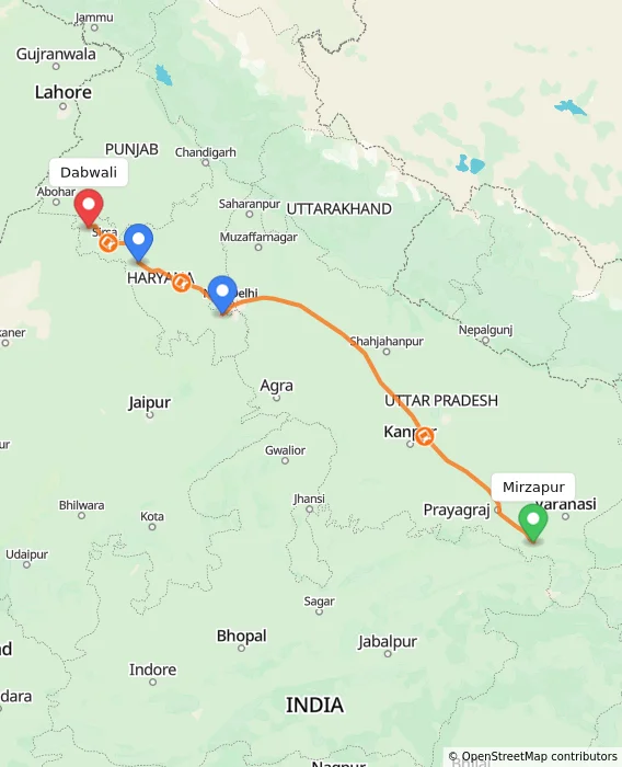 Route map showing distance and travel time from Mirzapur, India to Dabwali, India