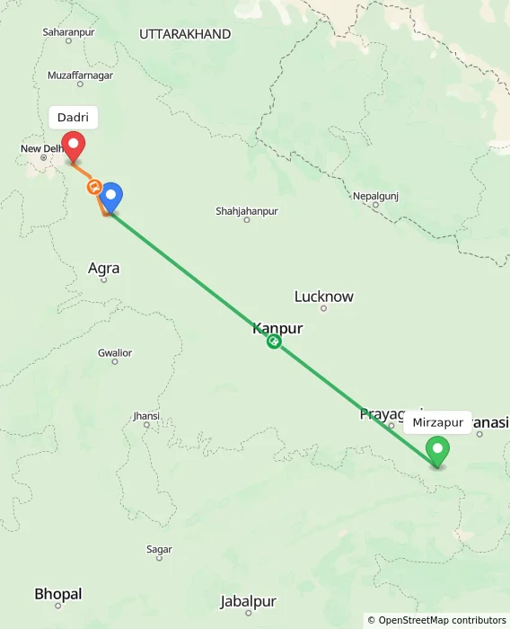 Route map showing distance and travel time from Mirzapur, India to Dadri, India
