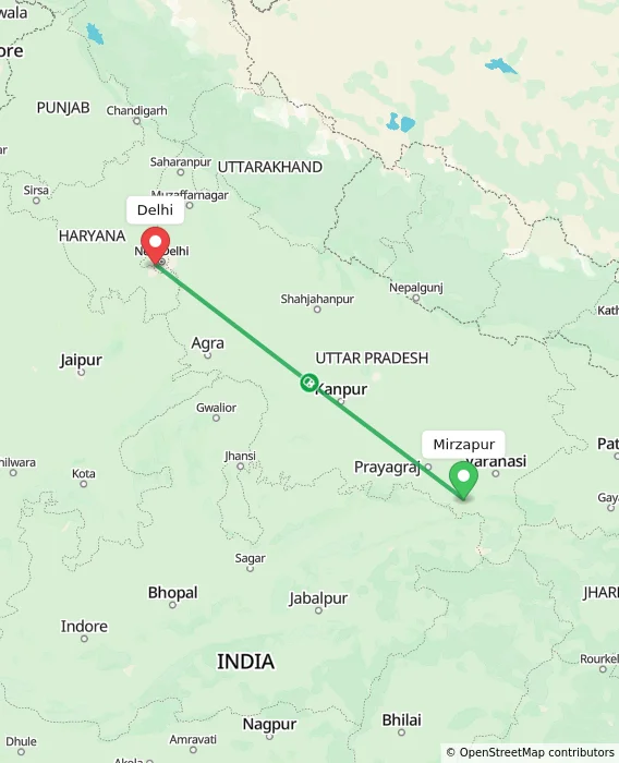 Route map showing distance and travel time from Mirzapur, India to Delhi, India