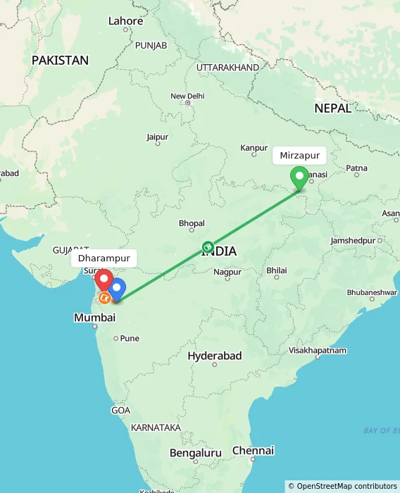 Route map showing distance and travel time from Mirzapur, India to Dharampur, India