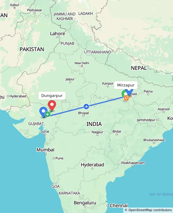 Route map showing distance and travel time from Mirzapur, India to Dungarpur, India