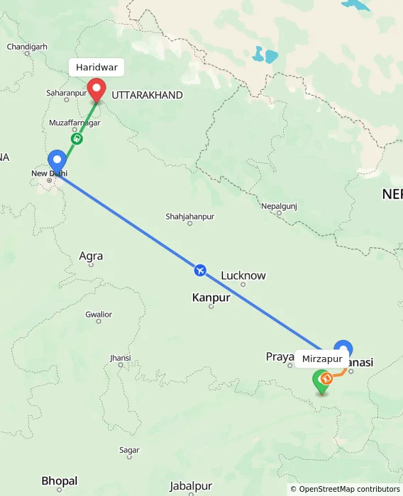 Route map showing distance and travel time from Mirzapur, India to Haridwar, India