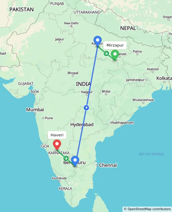 Route map showing distance and travel time from Mirzapur, India to Haveri, India