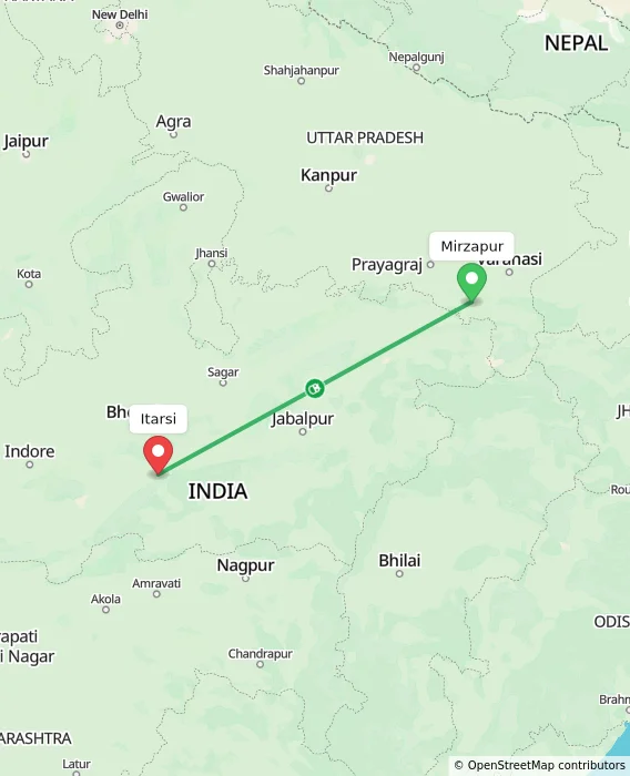 Route map showing distance and travel time from Mirzapur, India to Itarsi, India