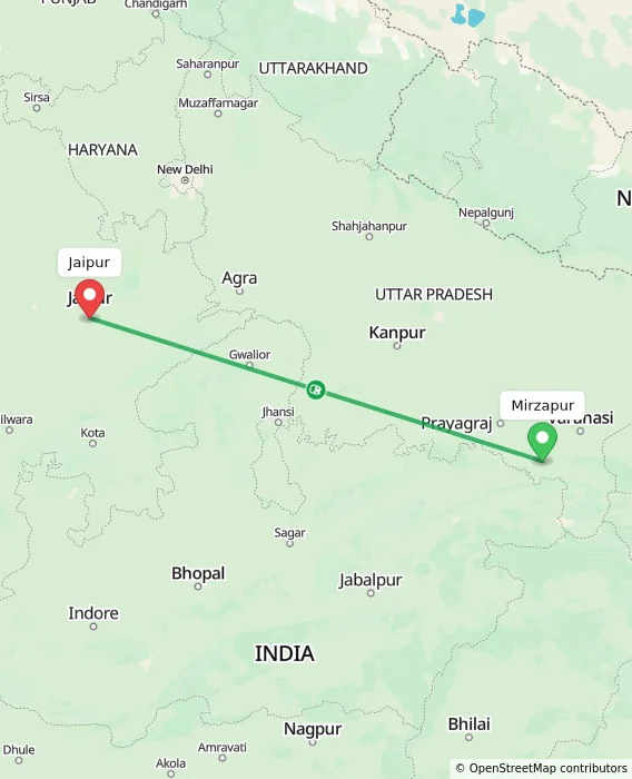 Route map showing distance and travel time from Mirzapur, India to Jaipur, India