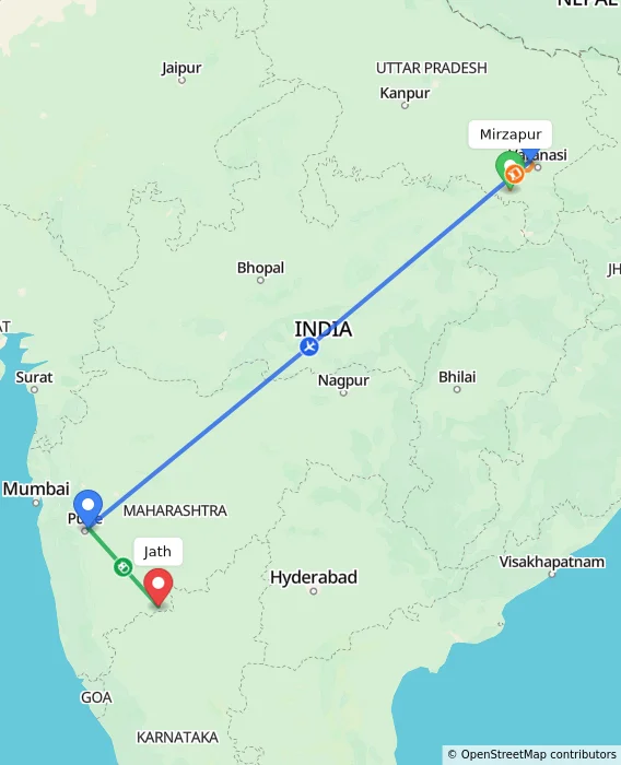 Route map showing distance and travel time from Mirzapur, India to Jath, India