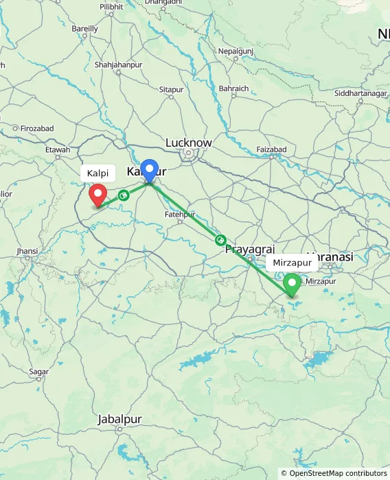 Route map showing distance and travel time from Mirzapur, India to Kalpi, India