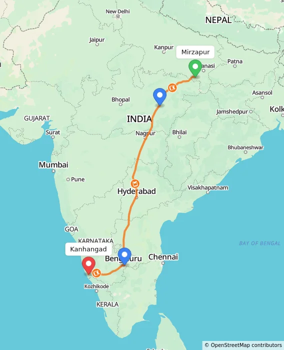 Route map showing distance and travel time from Mirzapur, India to Kanhangad, India