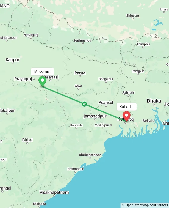 Route map showing distance and travel time from Mirzapur, India to Kolkata, India