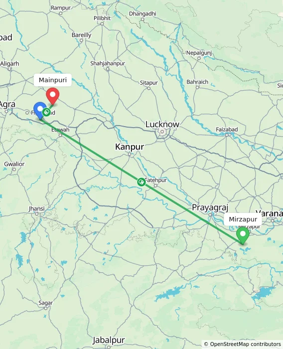 Route map showing distance and travel time from Mirzapur, India to Mainpuri, India