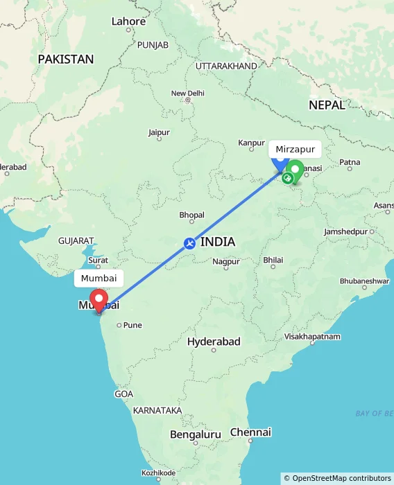 Route map showing distance and travel time from Mirzapur, India to Mumbai, India