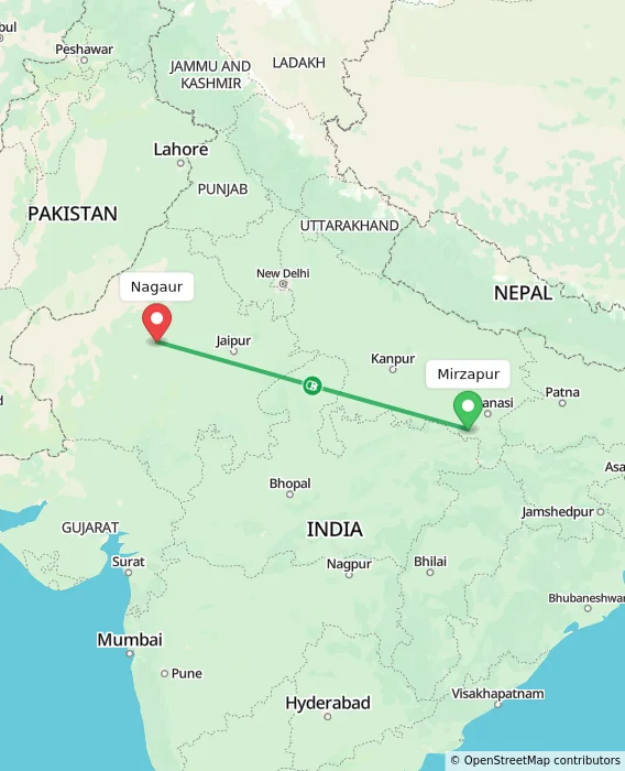 Route map showing distance and travel time from Mirzapur, India to Nagaur, India