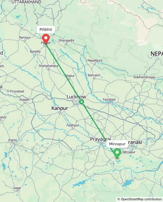 Route map showing distance and travel time from Mirzapur, India to Pilibhit, India