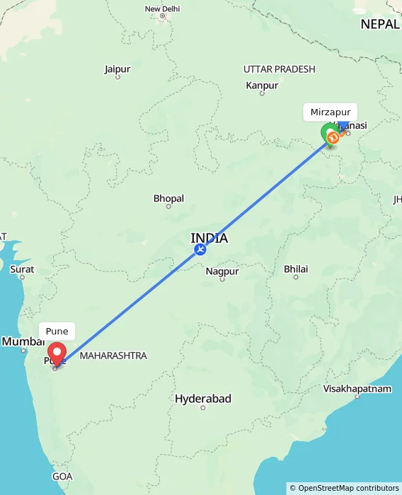 Route map showing distance and travel time from Mirzapur, India to Pune, India