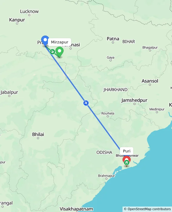 Route map showing distance and travel time from Mirzapur, India to Puri, India
