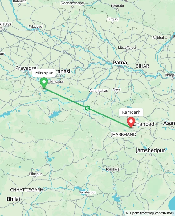 Route map showing distance and travel time from Mirzapur, India to Ramgarh, India