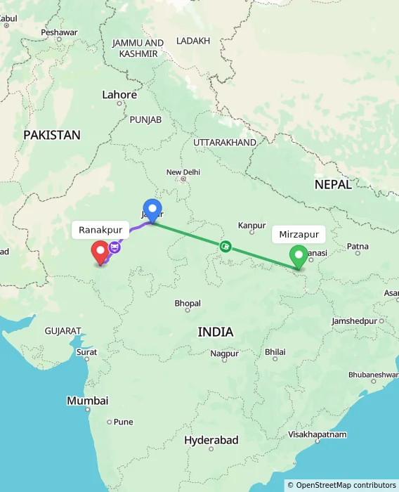 Route map showing distance and travel time from Mirzapur, India to Ranakpur, India